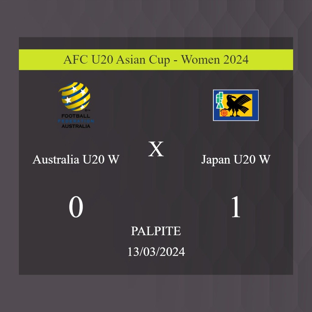 Australia U20 W x Japan U20 W palpite: caso Japan U20 W ganhe nesta quarta-feira 13/03/2024; saiba onde assistir - Jogos de hoje