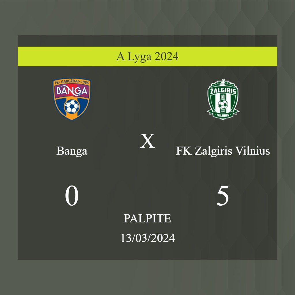 Banga x FK Zalgiris Vilnius palpite: caso FK Zalgiris Vilnius ganhe nesta quarta-feira 13/03/2024; saiba onde assistir - Jogos de hoje